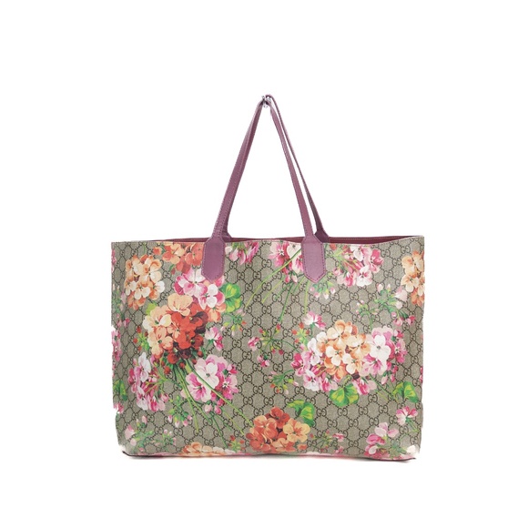 Gucci Reversible GG Supreme Blooms Canvas and Leather Tote Bag – Pink Floral Pri - Picture 2 of 11